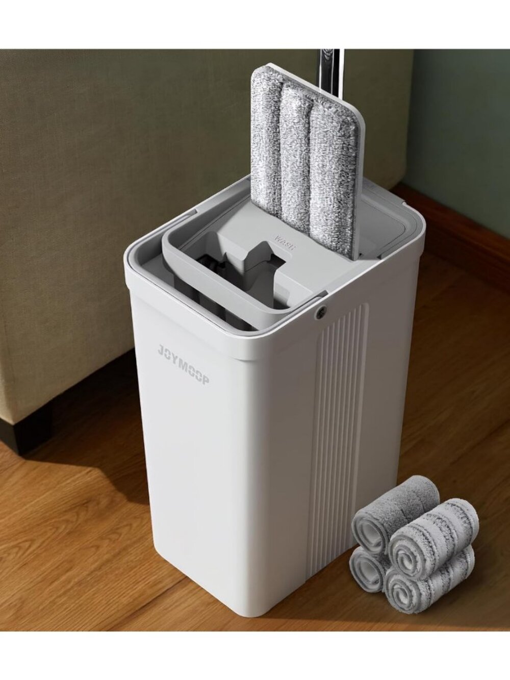 Effortless Flat Mop System with Bucket, Microfiber Pads for Hardwood & Wall